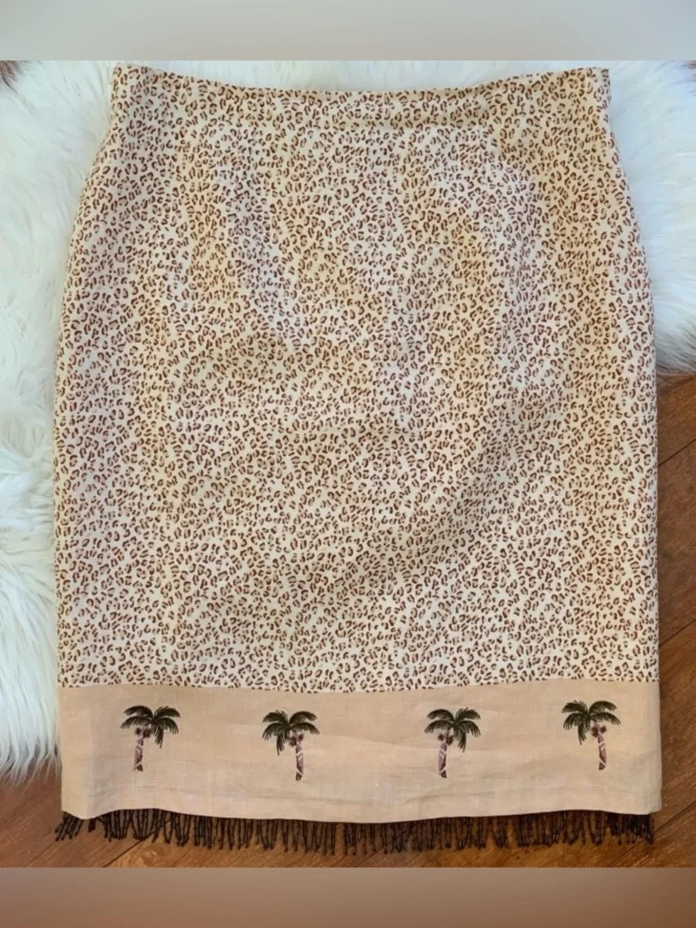 Silk Club Linen Leopard Pencil Skirt with Palm Tree Border and Beaded Hem